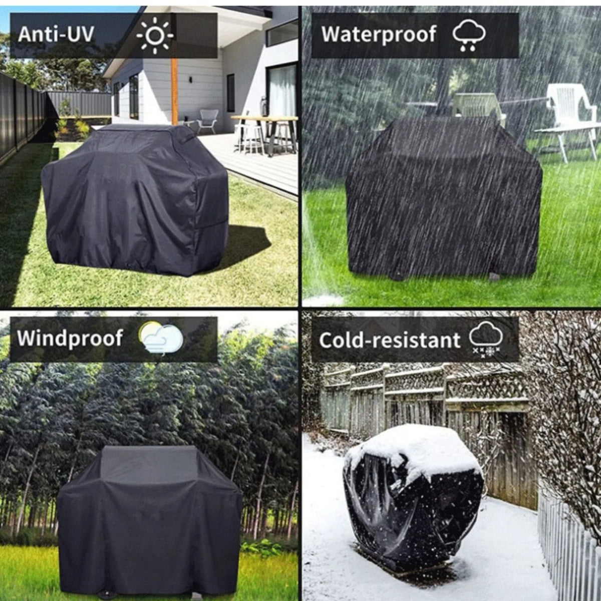 Black waterproof and windproof cover for an Oxford cloth BBQ grill, shown in various weather conditions.
