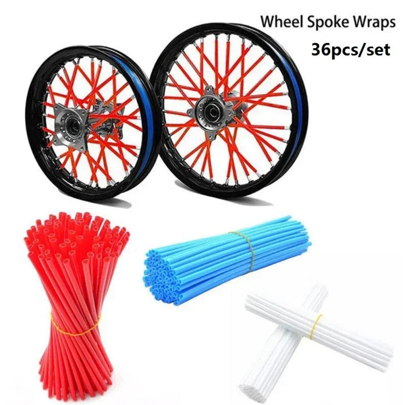A set of 36 motorcycle wheel spoke wraps includes red and blue protective covers for bicycle or motorcycle wheels.