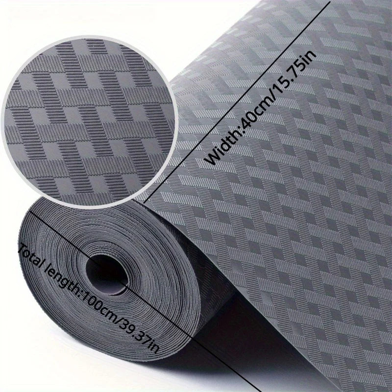 Roll of gray waterproof oil-proof shelf liner material showing width and length measurements