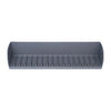 A gray flexible silicone sink splash guard with a suction base featuring multiple drainage slots.