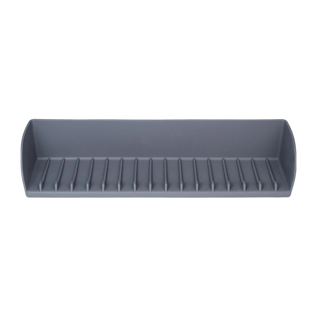 A gray flexible silicone sink splash guard with a suction base featuring multiple drainage slots.
