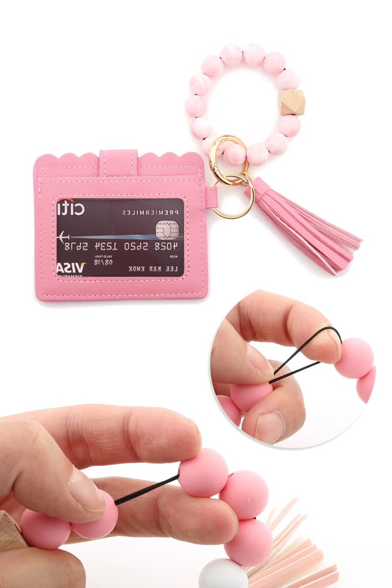 Silicone Bead Bracelet Leather Card Holder Wristlet