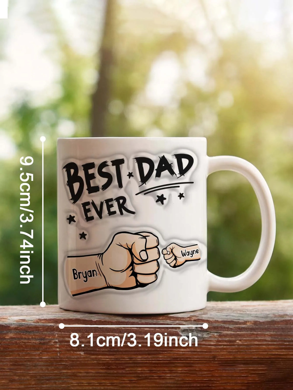 A white coffee mug featuring text that reads BEST DAD EVER and a handprint design.