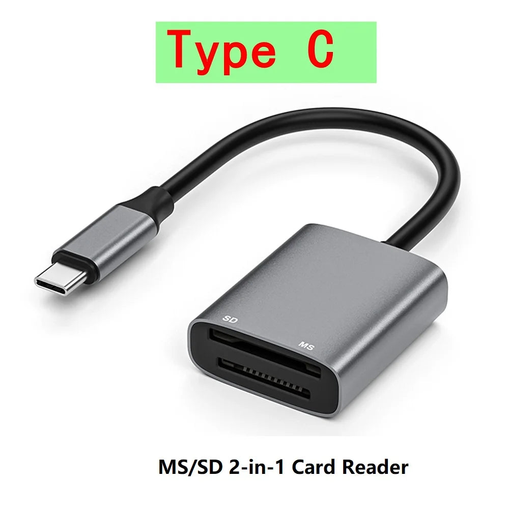 A gray MS/SD 2-in-1 card reader with a Type C connector and an SD card slot.
