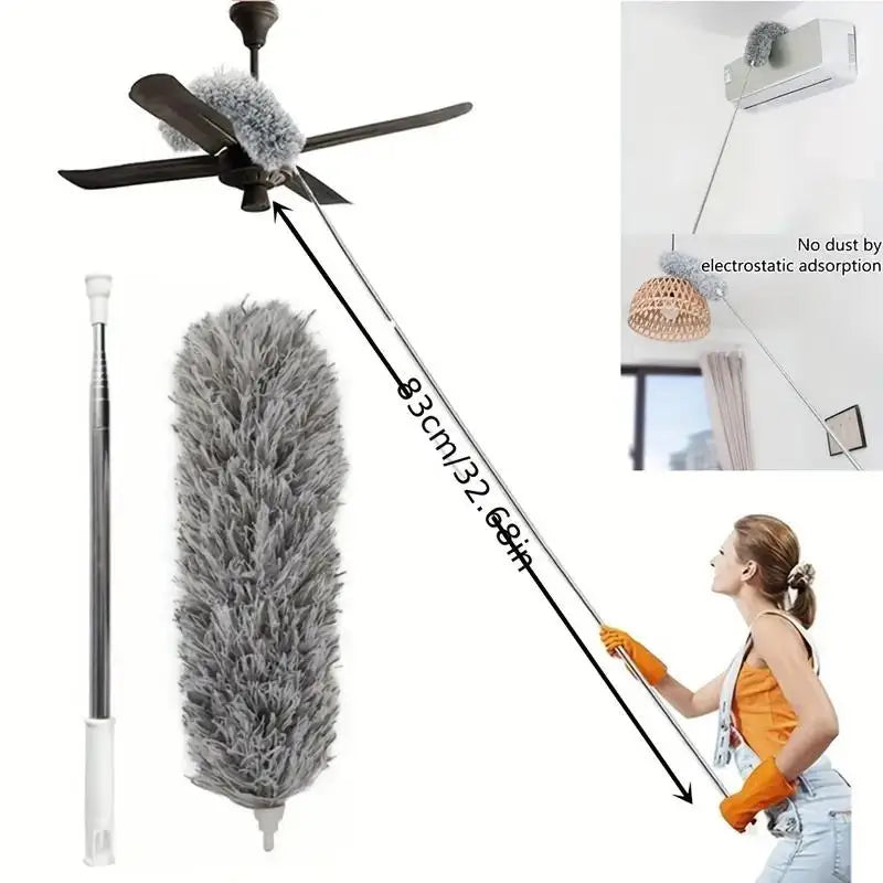 Balai microfibre extensible avec tête flexible et accessoire en forme de plume