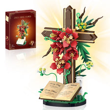 A Jesus cross flower building set featuring a wooden cross adorned with red and green flowers and a Bible.