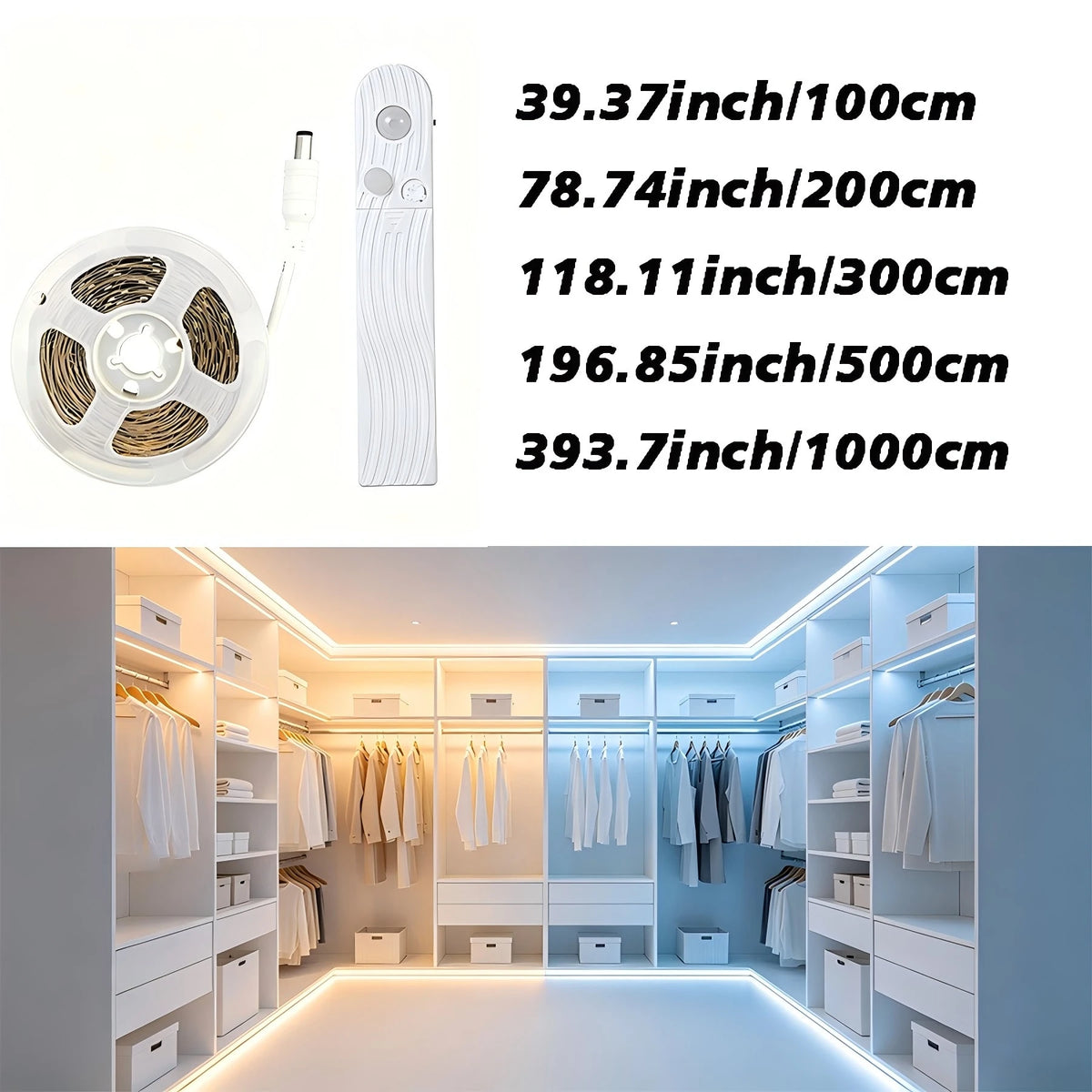 A modern, illuminated closet interior featuring white shelving and clothing racks with integrated LED strip lighting.