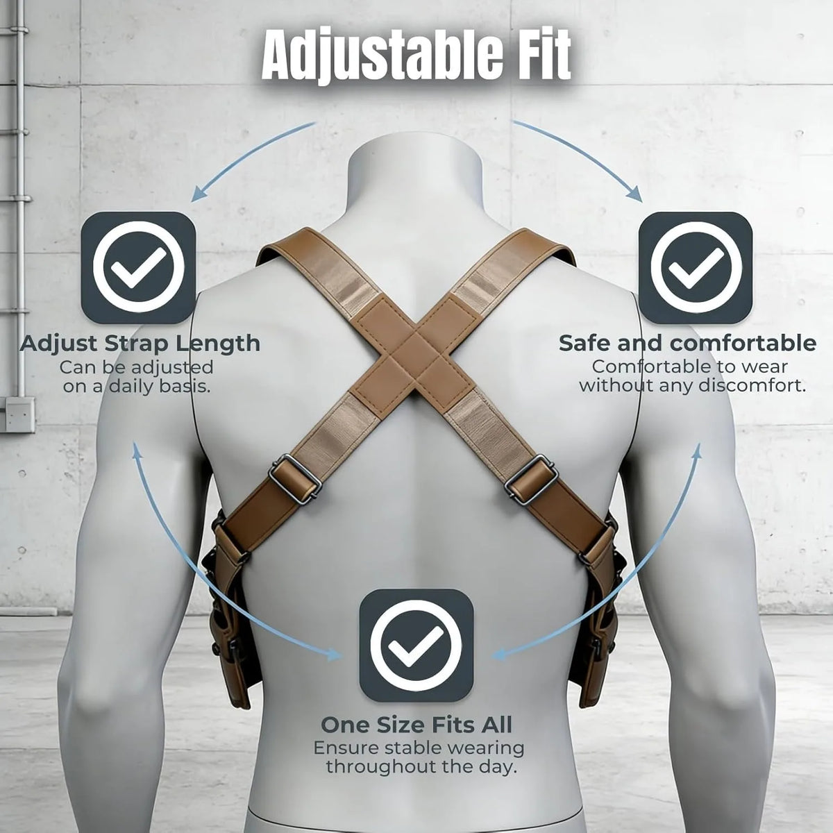 A white mannequin displays a brown leather adjustable strap crossbody bag, highlighting features like adjustability and comfo