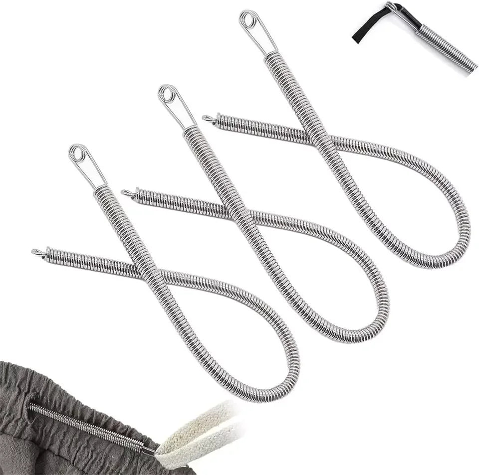 A set of silver spring drawstring needle threader tools with flexible metal wires.