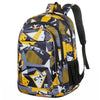A yellow and black geometric patterned laptop backpack for work, school, or travel.