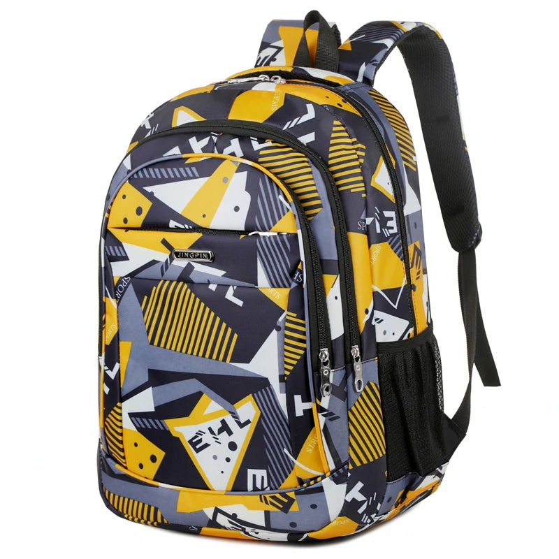 A yellow and black geometric patterned laptop backpack for work, school, or travel.