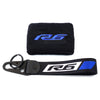 Black neoprene sock and strap with blue and white R6 logo for a brake fluid reservoir cover.