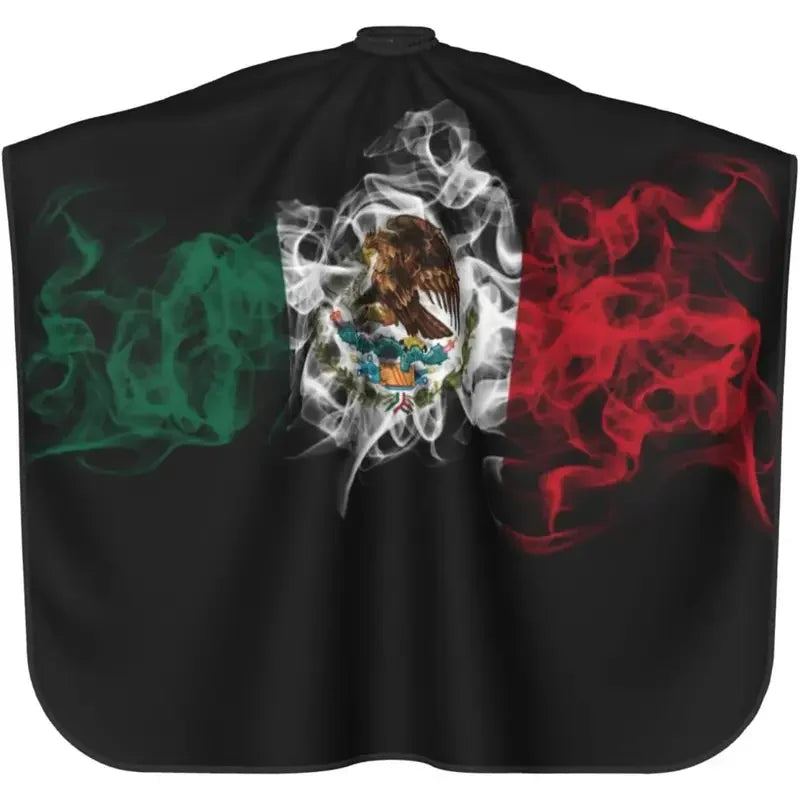 A black fabric featuring the flag of Mexico, composed of green, white, and red elements with smoke effects.