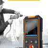A handheld multifunctional wall detector device is shown being used to scan a wall, with a wooden piece nearby.