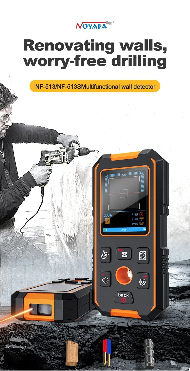 A handheld multifunctional wall detector device is shown being used to scan a wall, with a wooden piece nearby.