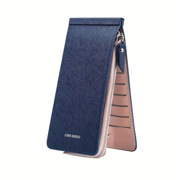 A navy blue slim faux leather multi-card wallet with a gold zipper detail.