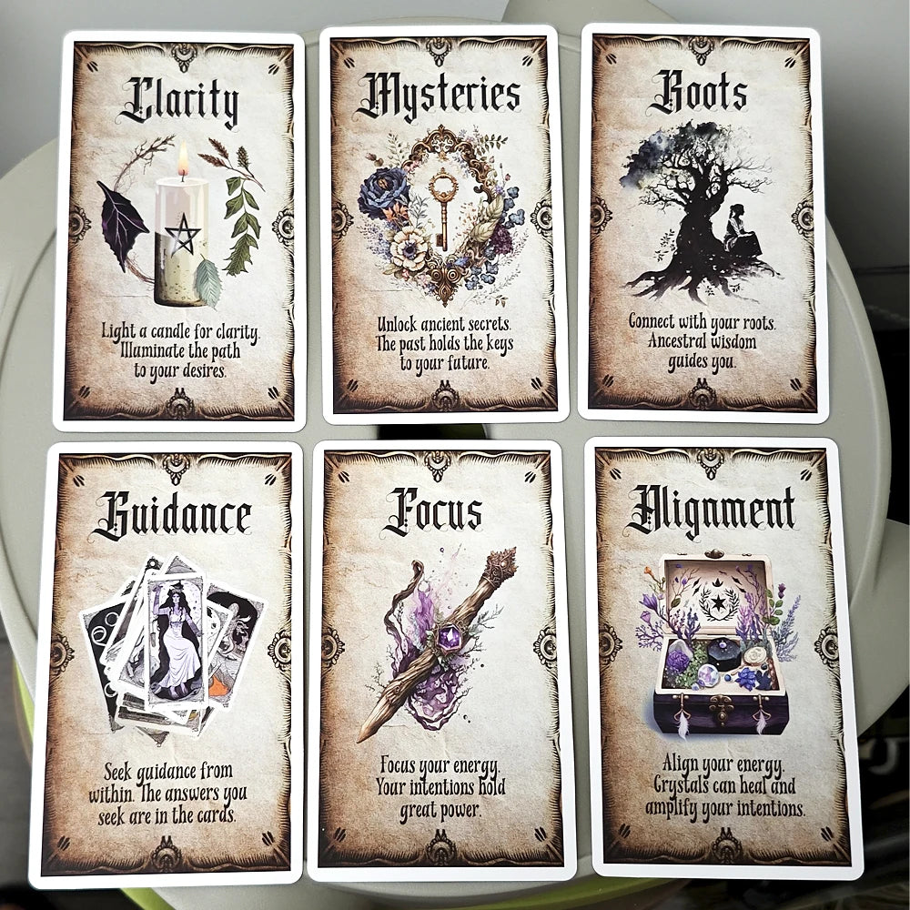 A set of ten tarot-style oracle cards featuring themes like Clarity, Mysteries, Roots, Guidance, Focus, and Alignment.