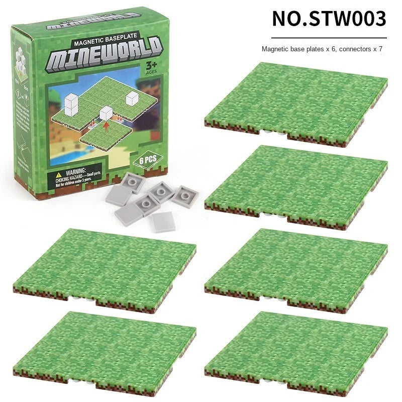 A set of six magnetic base plates for Mineworld building blocks, featuring green textured surfaces.