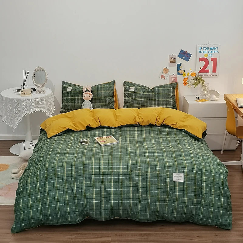 100% Cotton Duvet Cover Set with Plaid Stripe – Breathable & Skin-Friendly