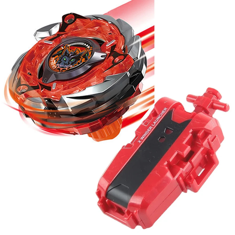 A red and silver Beyblade launcher set featuring a Phoenix Wing and Drumsword component.