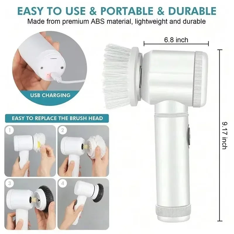 A silver cordless electric spin scrubber with a brush head and charging cable is shown alongside replacement brush heads.