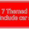 Red rectangular background with white text stating (F style) 7 Themed styles do not include car stickers!