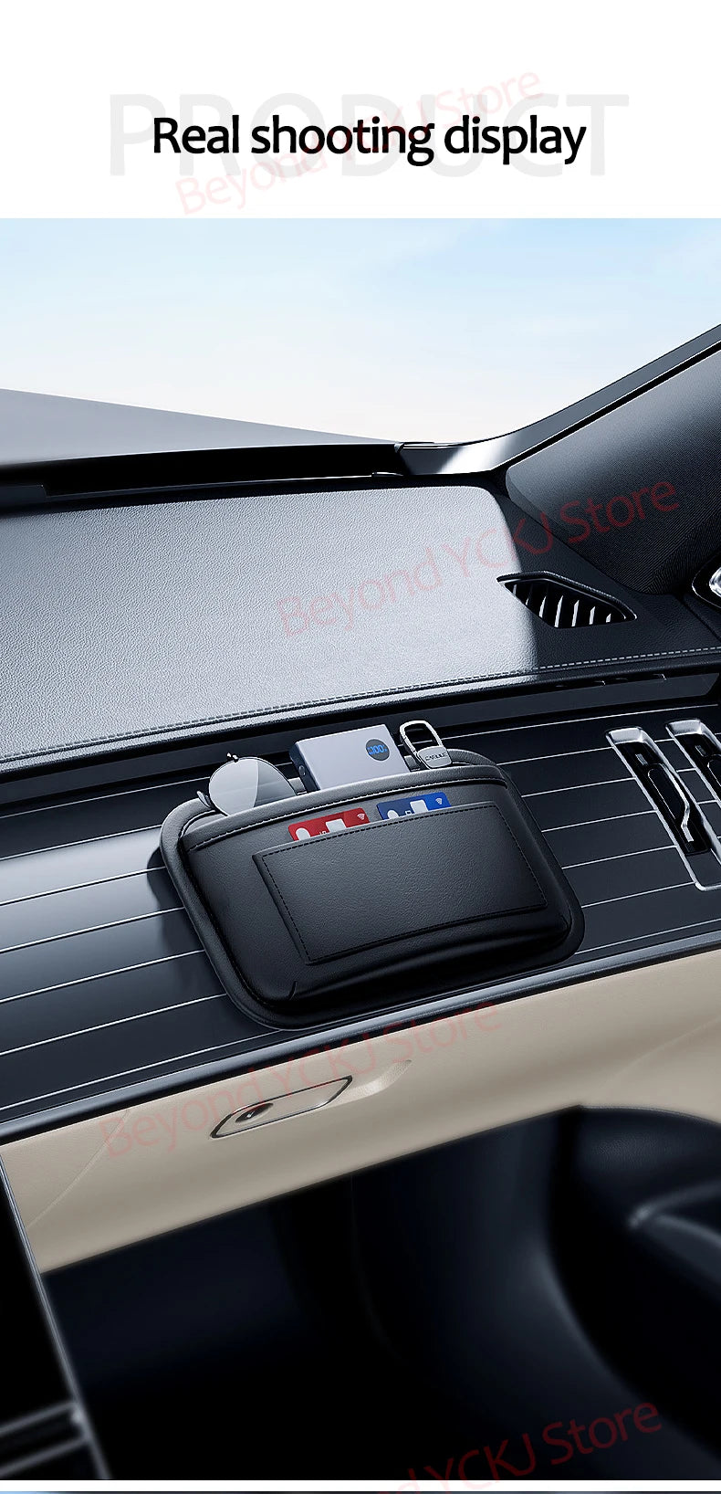 A black multifunctional storage bag organizer is placed in the side pocket of a car, showing a real shooting display.