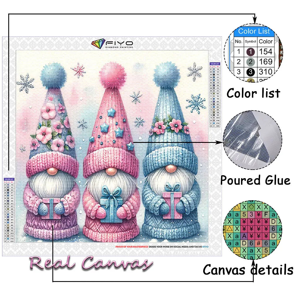 Kit de peinture de diamants avec trois gnomes tricotés roses et bleus sur une toile