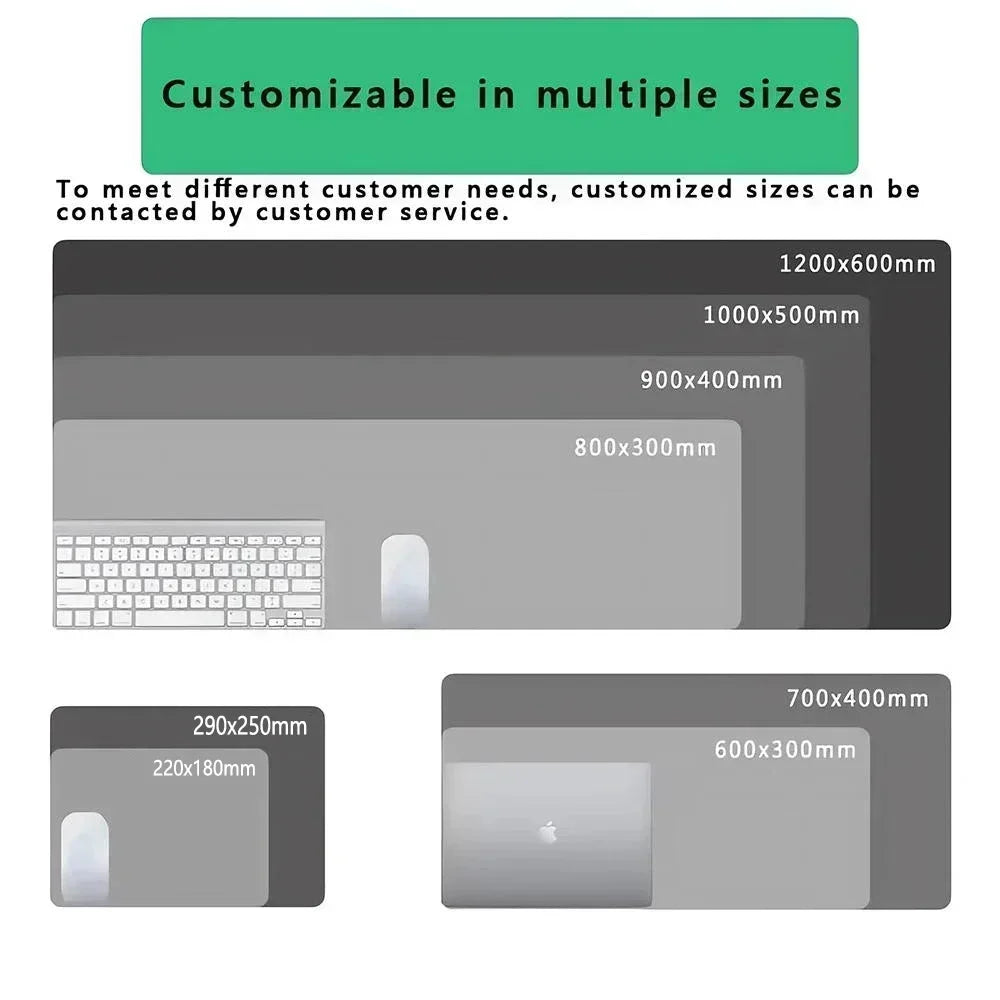 A display showing various customizable sizes of a desk mat, including 1200x600mm and 800x300mm options.