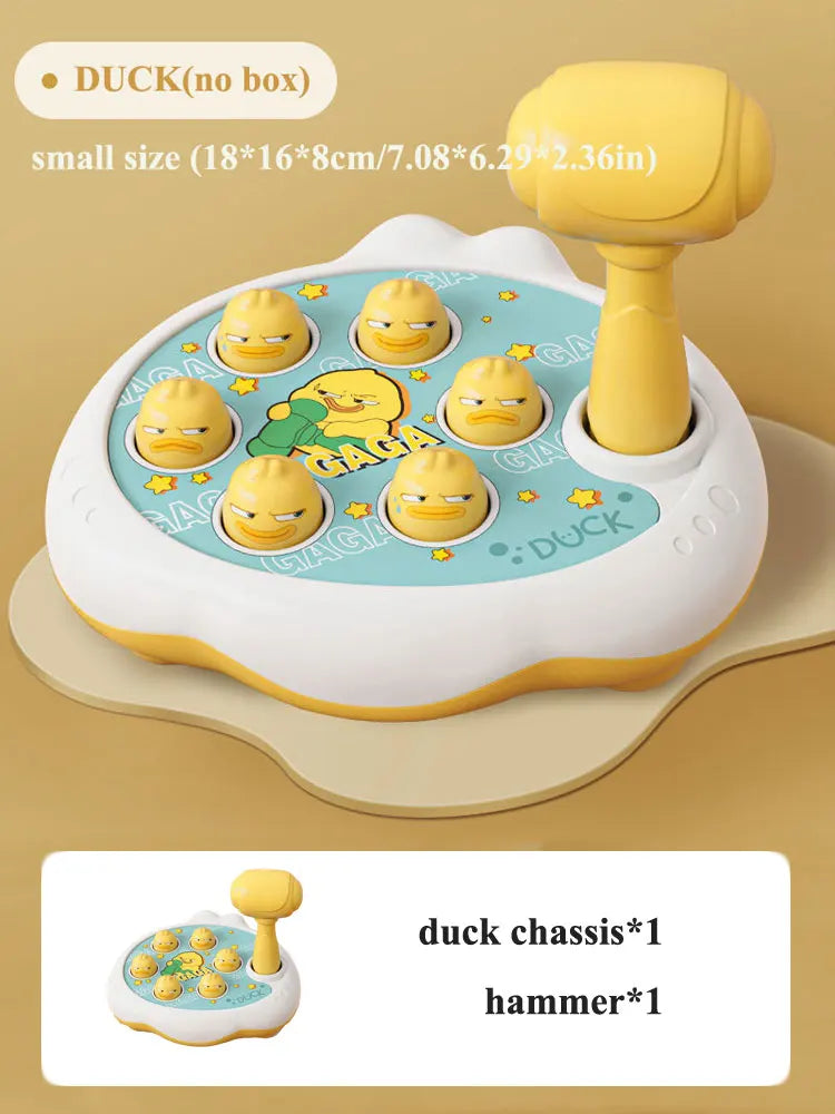 A small yellow duck-themed pounding toy with a hammer, featuring multiple animal figures.