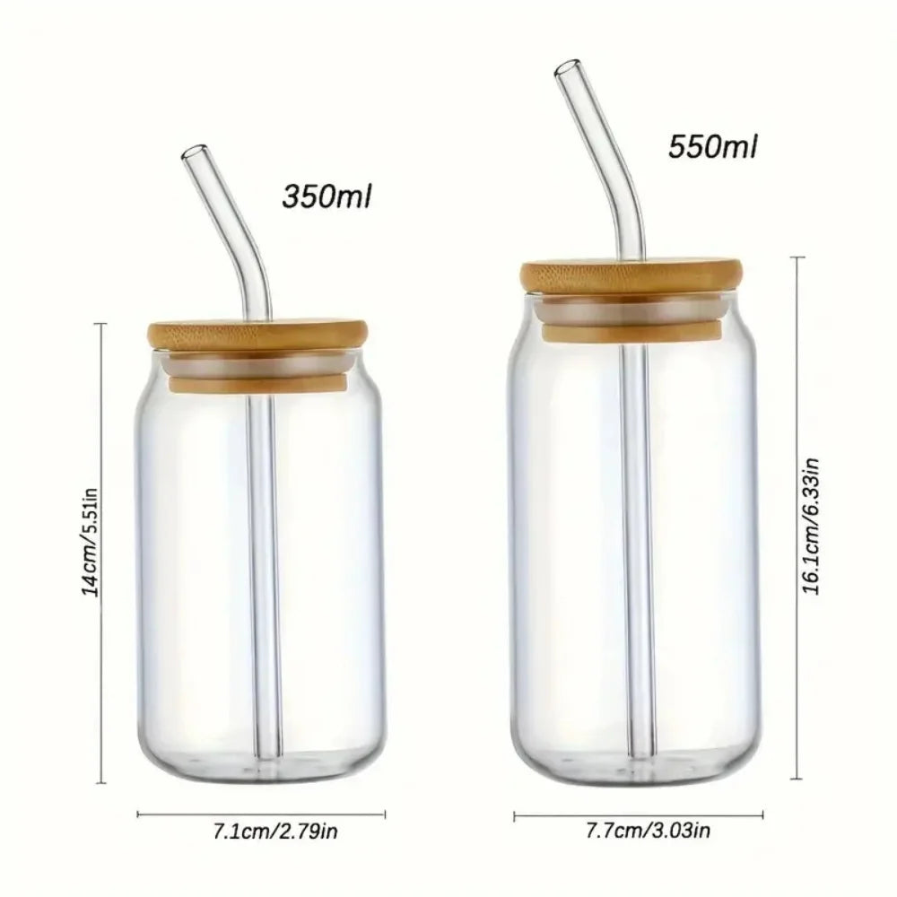 Clear glass tumbler with a bamboo lid and straw, available in 350ml and 550ml sizes.