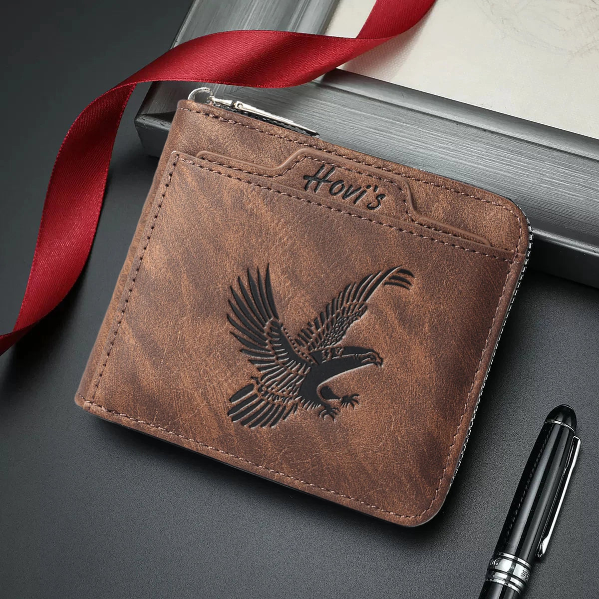 HOVIS Men's Slim Leather Wallet with Eagle Emboss and Zip Closure