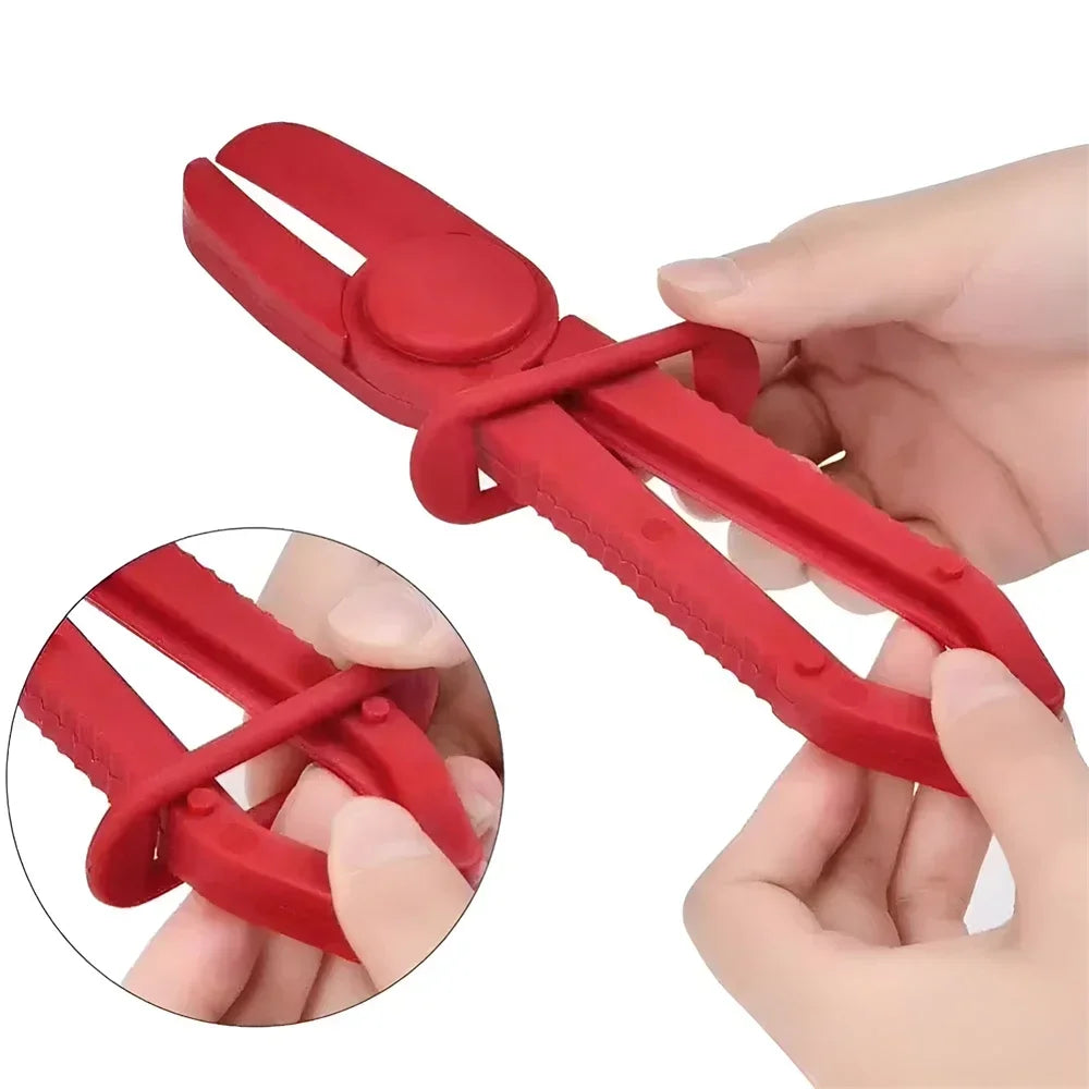 A pair of red 3-piece hose clamp pliers are shown being held by a hand, with an inset showing the tool's construction.