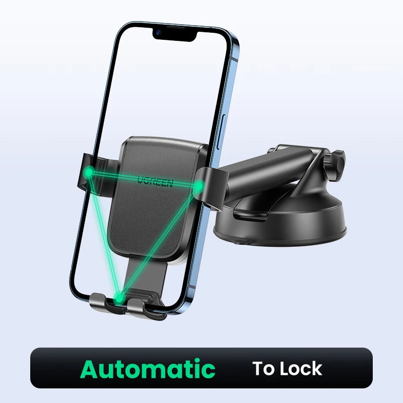 A black phone holder with a suction mount is shown, demonstrating its automatic to lock feature.