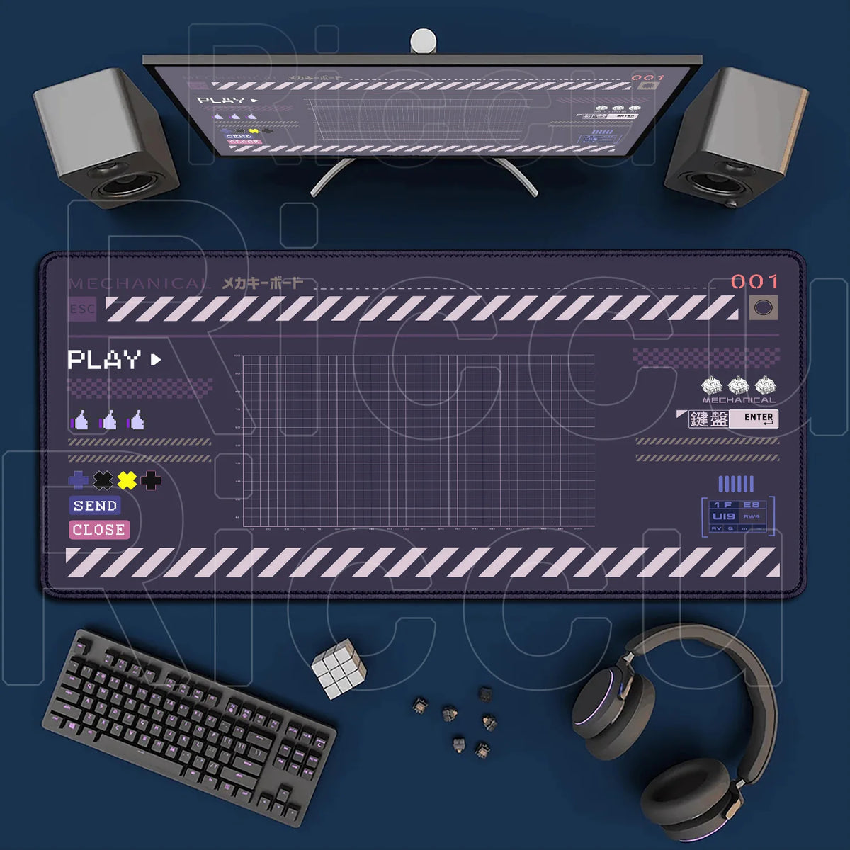 A Japanese art large mouse pad with a non-slip rubber base is shown alongside a keyboard and headphones.
