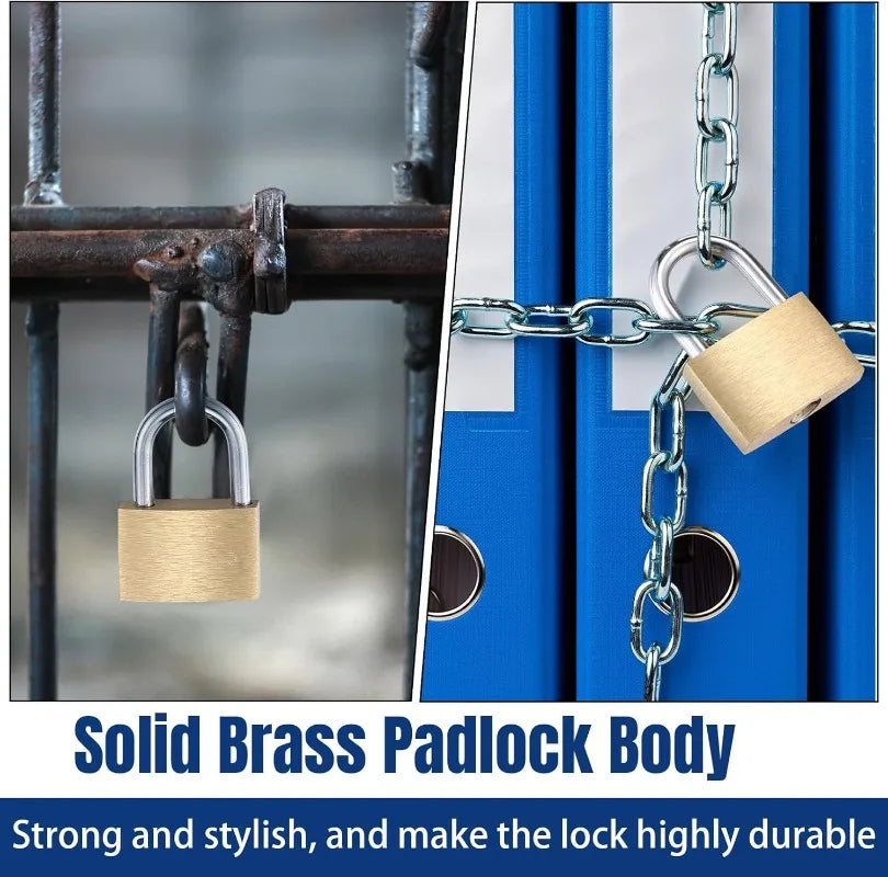 A close-up of a solid brass padlock body attached to a metal bar, demonstrating its durability and style.