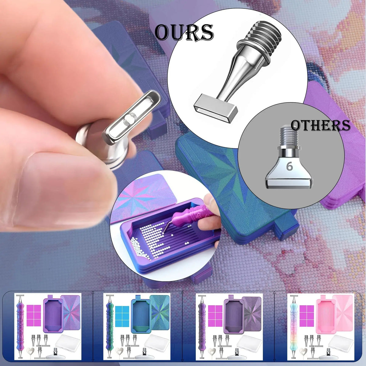 A hand holds a diamond painting pen set with steel tips and tray, showing the product and packaging.
