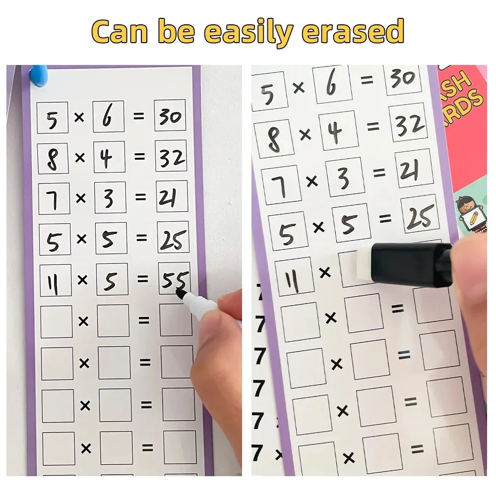 A set of purple math practice cards showing multiplication problems like 5x6=30 and 8x4=32, designed to be easily erased.