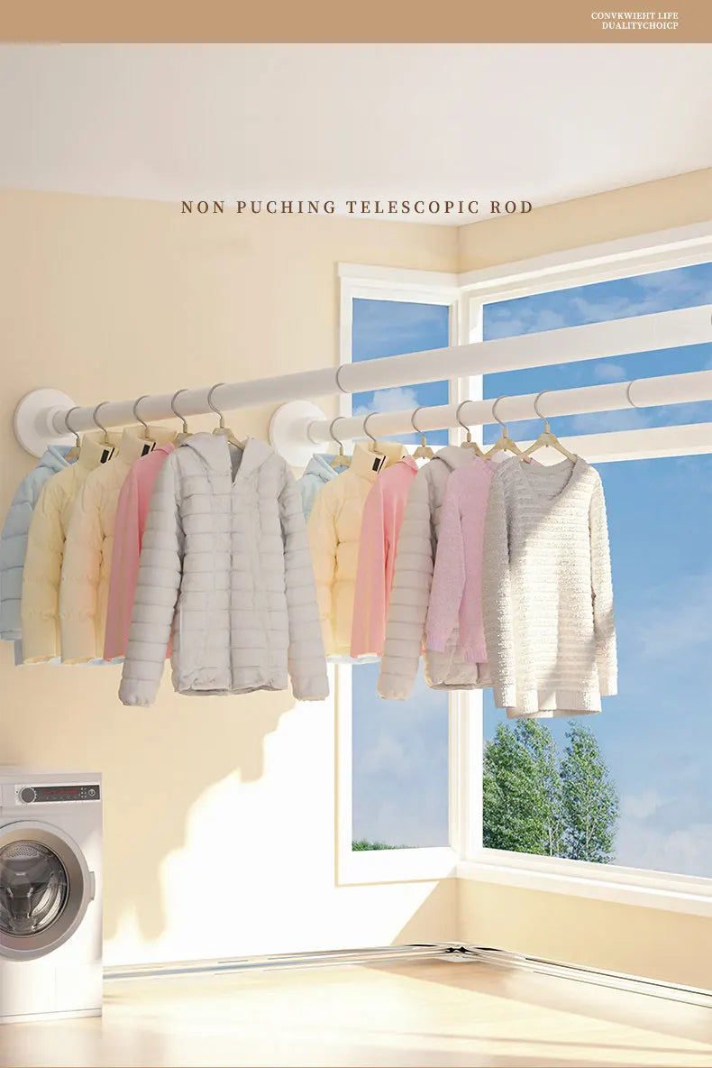 A close-up of a non-puching telescopic rod used for hanging clothes in a bright room.