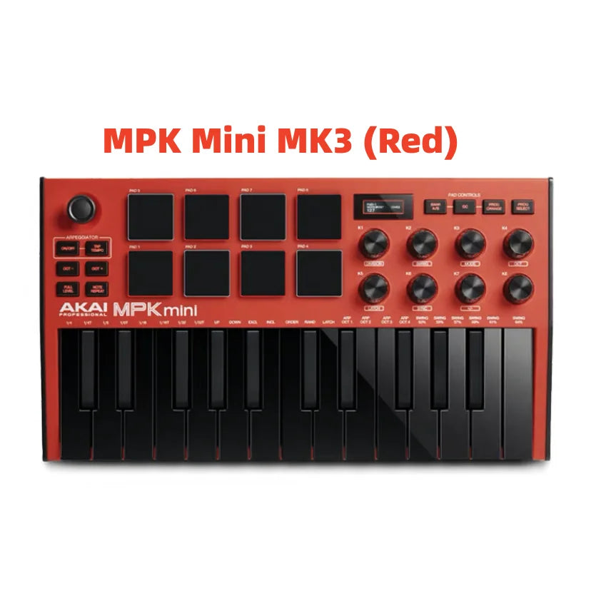 Red AKAI MPK Mini MK3 professional MIDI keyboard controller with pads and knobs
