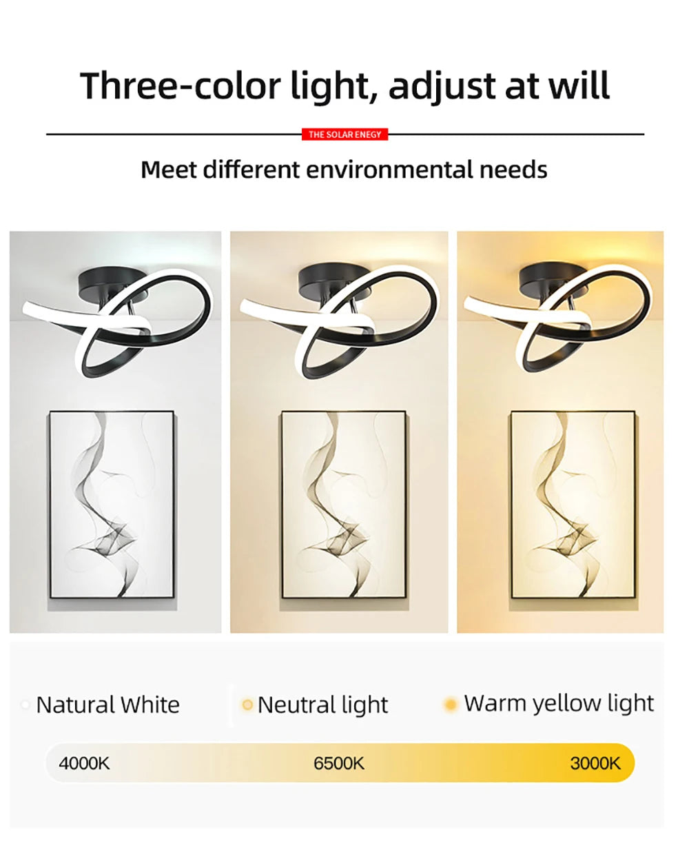 Three-color light adjustable ceiling fixture showing natural white, neutral light, and warm yellow light options.