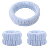A set of light blue absorbent microfiber wrist washing bands or face-saving cuffs.