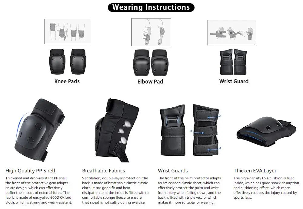 A set of three protective pads including knee, elbow, and wrist guards for sports activities