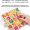 Wooden alphabet and number puzzle blocks with geometric shapes for toddlers showing letters A through Z
