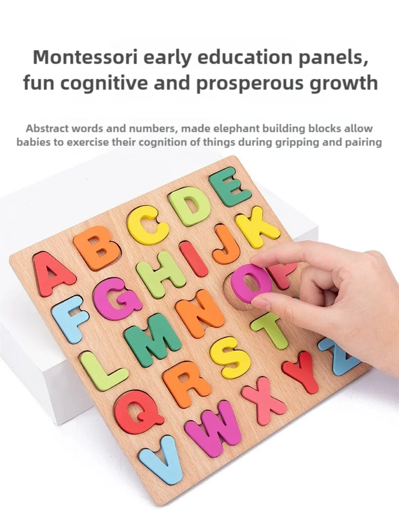 Wooden alphabet and number puzzle blocks with geometric shapes for toddlers showing letters A through Z