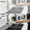 Before and after comparison of a silicone faucet drain mat protecting a kitchen sink.