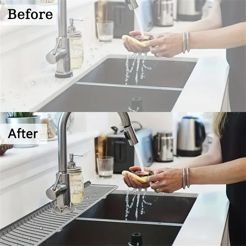 Before and after comparison of a silicone faucet drain mat protecting a kitchen sink.