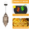 A solar-powered Moroccan lantern with ironwork design, showing its auto-charging feature and decorative pattern.