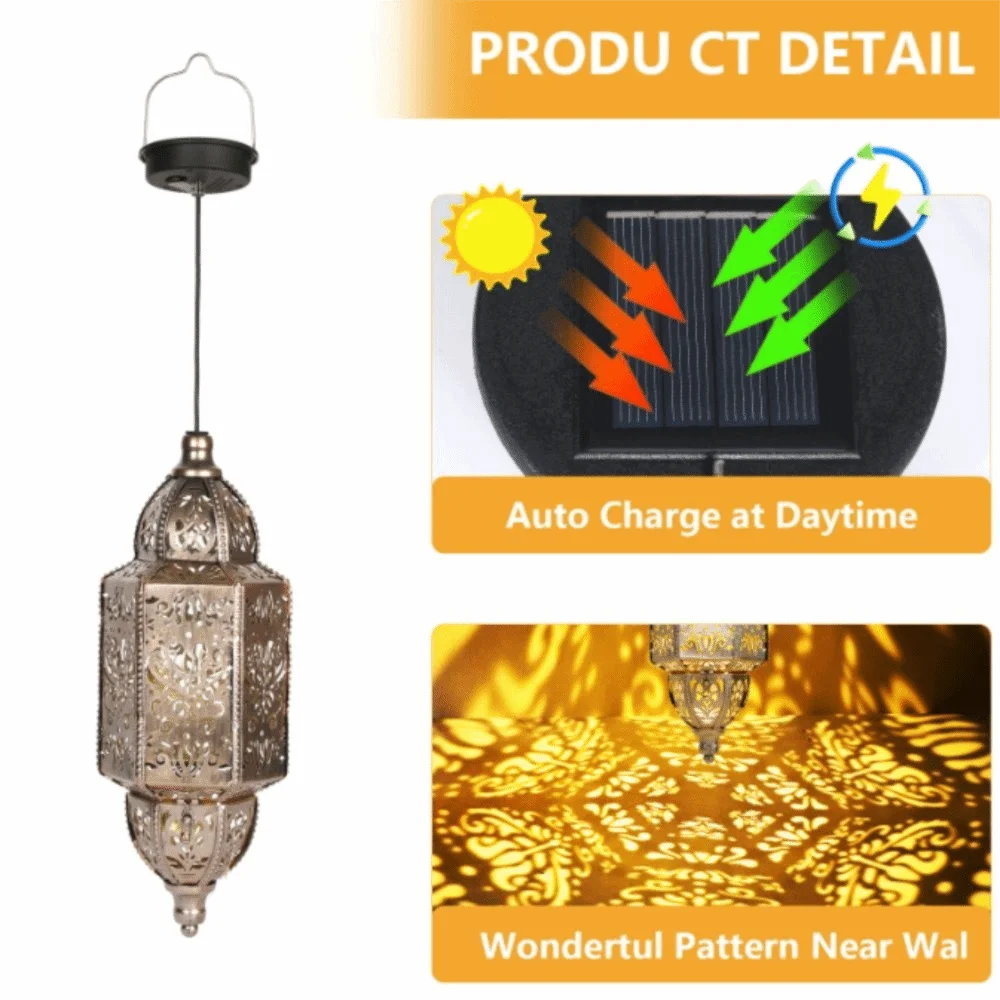 A solar-powered Moroccan lantern with ironwork design, showing its auto-charging feature and decorative pattern.