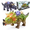 A green dinosaur toy T-Rex with spiky features and glowing eyes is shown next to its boxed packaging.
